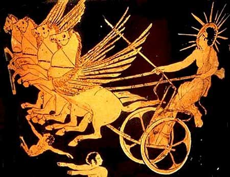 El dios Helios (el Sol) volando en su carro tirado por los fogosos caballos: Flegonte (‘ardiente’), Aetón (‘resplandeciente’), Pirois (‘ígneo’) y Éoo (‘amanecer’).